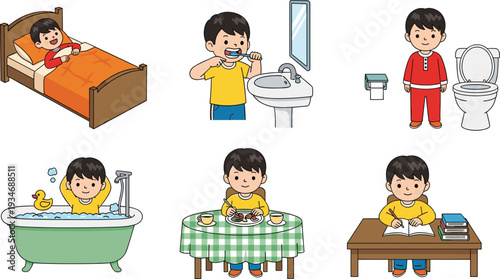 Set of Cartoon Boy Daily Routine Activities Including Sleeping Brushing Teeth Using Toilet Bathing Eating Dinner and Doing School Homework