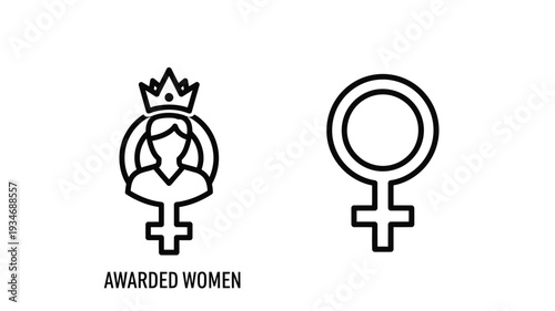 Female and male gender symbols with a crowned figure a silhouette