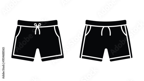 Two pairs of black swim shorts displayed on a white background silhouette