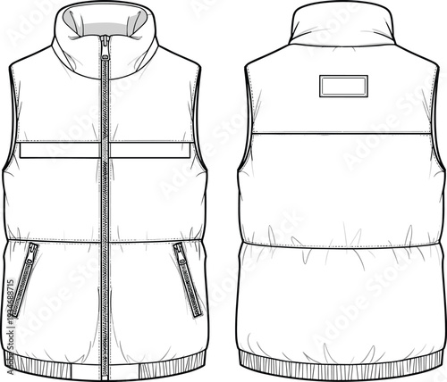 Technical fashion flat sketch of a puffer vest, cad drawing flat vector illustration, sleeveless quilted jacket, winter outerwear design, template.