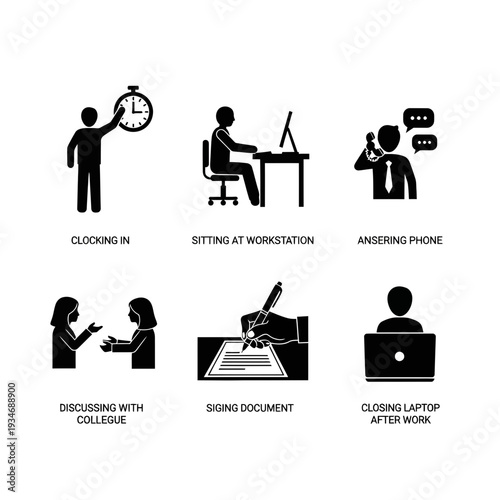 A Set of Minimalist Black Vector Icons Illustrating Common Office Activities and Business Scenarios