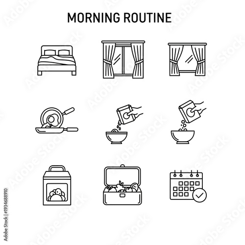 Linear Vector Icon Pack Illustrating Various Daily Activities Essential for a Productive and Organized Morning Routine, from Waking Up to Preparing for the Day Ahead