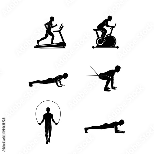 Dynamic Vector Black Silhouettes Fitness Exercise Icons Featuring Treadmill Running, Cycling, Push-ups, Squats, Jump Rope, and Plank for Health & Sports Designs