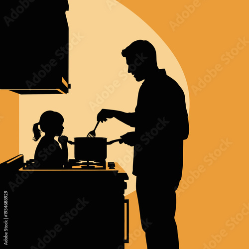 Silhouette illustration captures a heartwarming domestic scene of a father and child cooking together in the kitchen, emphasizing family bonding and shared moments