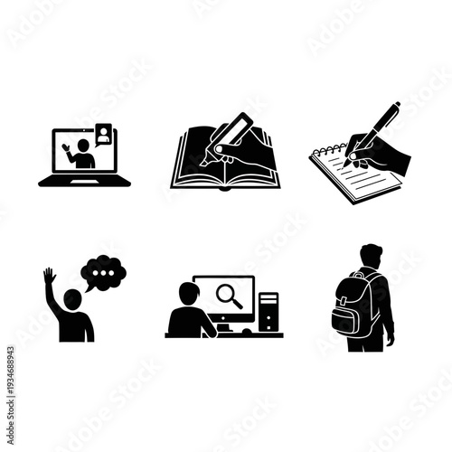 Diverse array of educational concept silhouettes laptop with online instructor, hand writing in a book, taking notes, student raising hand, computer study, and student with backpack