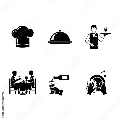 A comprehensive collection of black flat design icons illustrating various aspects of restaurant operations and dining experiences, including chef, waiter, diners, and dishwashing