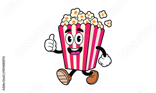 Happy Popcorn Character Mascot with Thumbs-Up Gesture and Retro Cartoon Style isolated on White