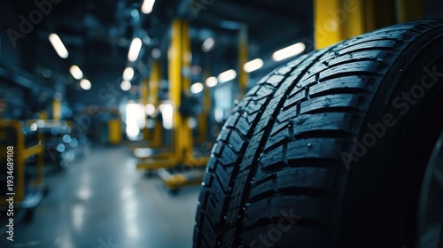 Close up of a car tire in a blurred auto repair shop.