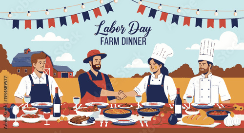 Farmers and chefs enjoy labor day dinner outdoors in rural setting with festive decorations