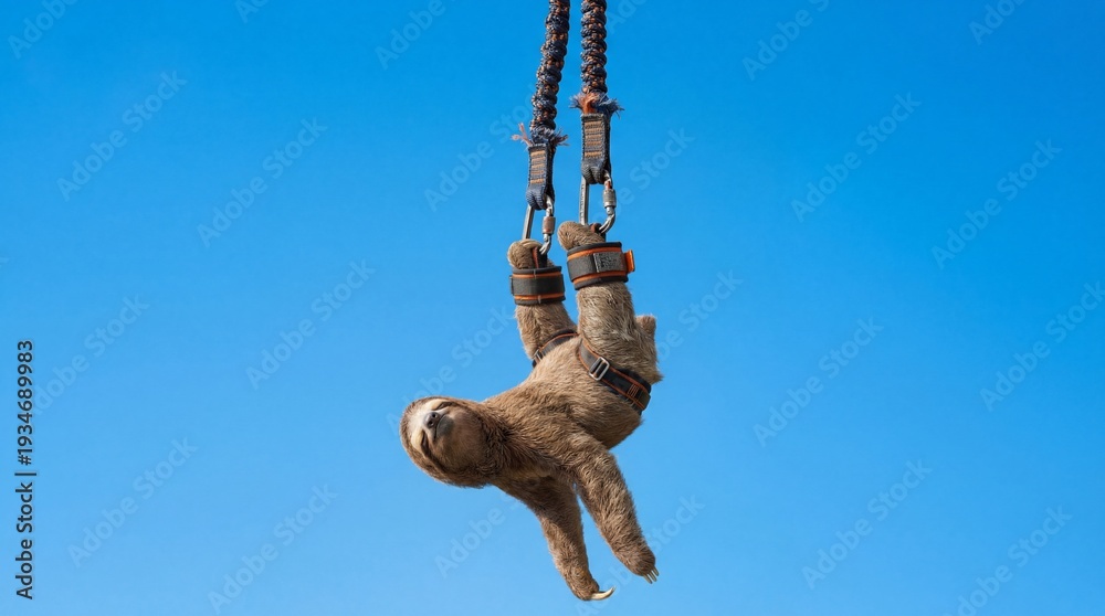 Fototapeta premium Funny sloth bungee jumping from a cable against a clear blue sky.