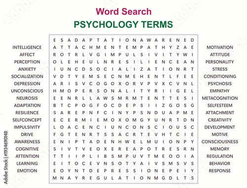 Psychology terms word search puzzle for education and cognitive learning