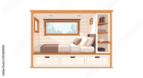 Illustration of a cozy camper van interior with a bed, window, and storage compartments in warm beige tones.