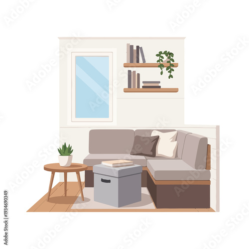 Illustration of a cozy living room interior with a sectional sofa, coffee table, and plant in a calm and minimalist setting.