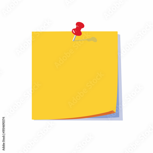 Yellow sticky note with red push pin, reminder, office supplies