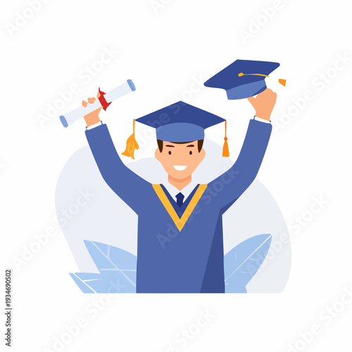 Happy graduate student holding diploma and cap, celebrating achievement with arms raised