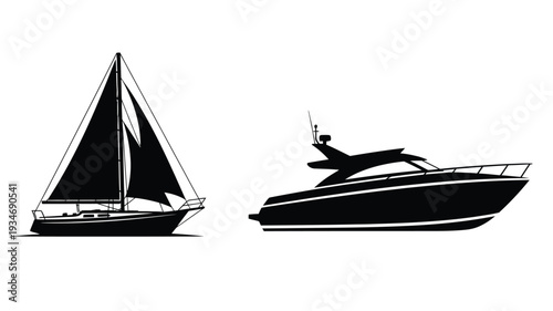Two boats side by side a sailboat and a motorboat silhouette
