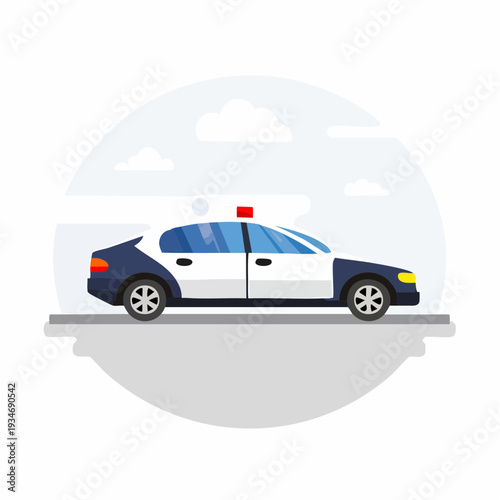 Illustration of a police car driving with lights flashing, flat design.