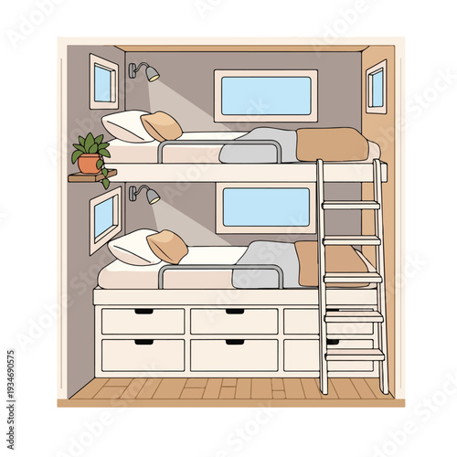 Illustration of a compact dorm room with bunk beds, dresser, and potted plant in a modern, minimalist interior with beige and gray tones.
