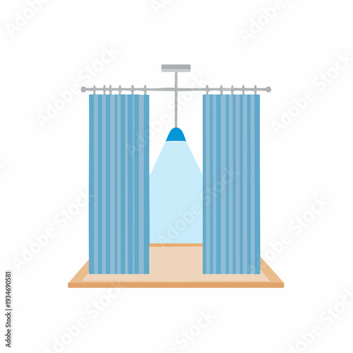 Illustration of a dressing room with blue curtains and a focused overhead light