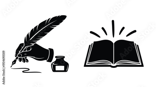 A hand writing with a quill pen and open book silhouette