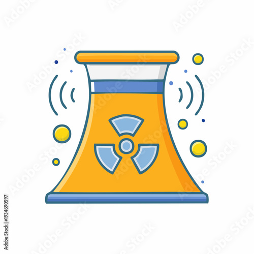 Cartoon illustration of a nuclear power plant emitting energy and radiation, environmental concerns concept