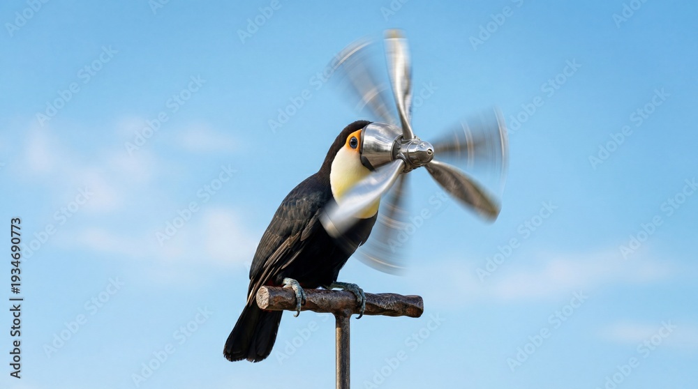 Obraz premium Surreal toucan bird with spinning metal propeller beak against blue sky.