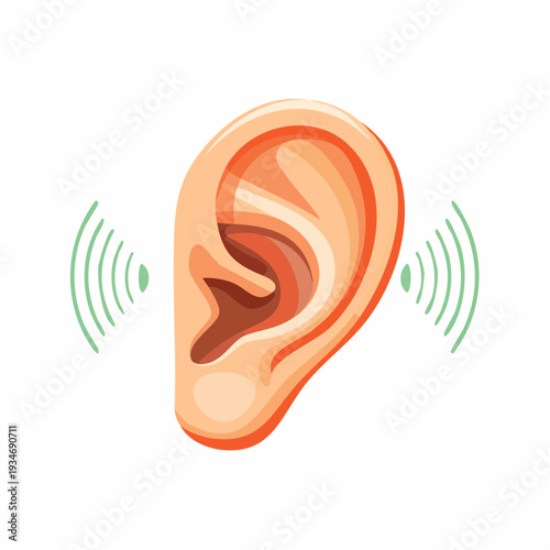 Cartoon illustration of a human ear with sound waves, hearing concept