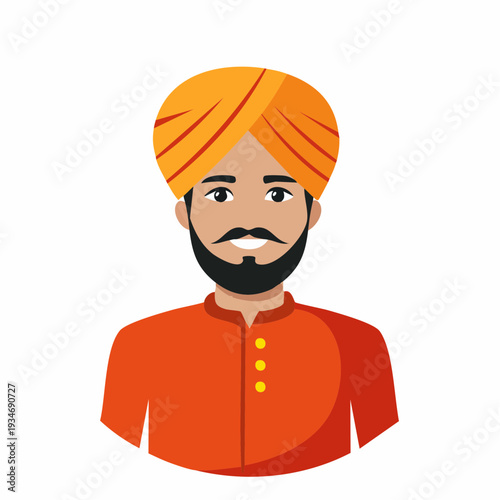 Male character with orange turban and shirt, wearing traditional attire.