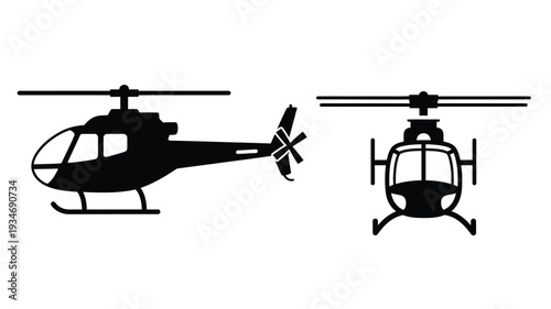 Two views of a helicopter side and front black silhouette