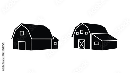 Two black barn illustrations with simple outlines a striking silhouette