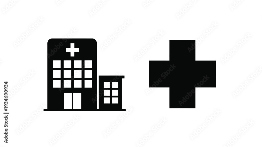 Fototapeta premium Hospital building and medical cross design in black silhouette