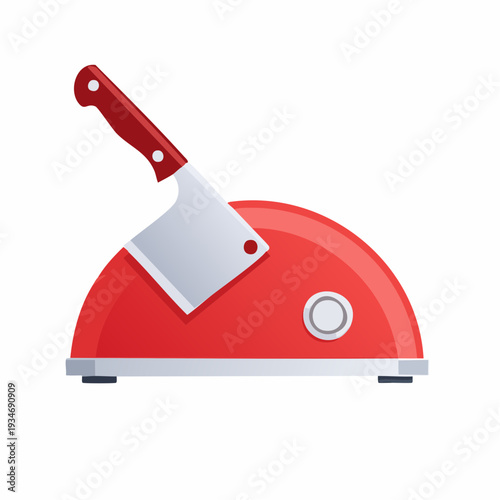 Illustration of a red knife sharpener with a cleaver