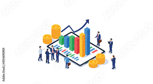 A group of small business people stands around a large tablet displaying a colorful bar graph, flanked by gold coin stacks and an upward trend line.