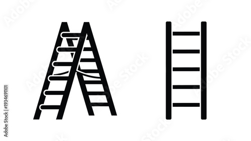 Two black ladders lean against each other a striking silhouette