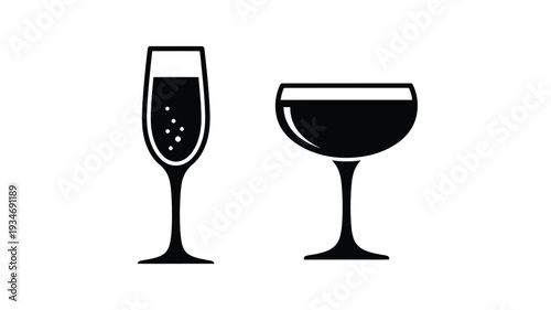 Two elegant drink glasses depicted in a stark black silhouette