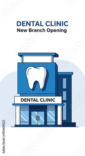 Dental Clinic Branch Announcement: Modern Architecture Depicting Tooth Symbol and Services Promotion