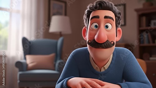 Animated man with mustache talking and gesturing in a living room.