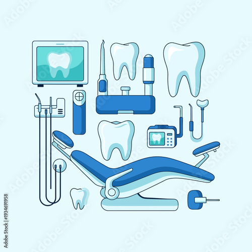 Dental Clinic Tools and Equipment Illustrated in Blue Tones for Healthcare and Oral Hygiene