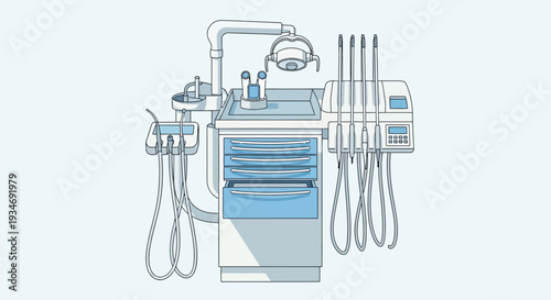 Dental Clinic Illustration Depicting Medical Equipment in a Modern Simplified Manner