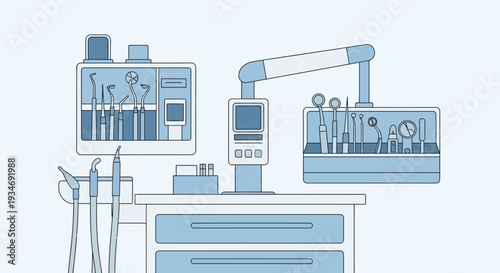 Dental Clinic Illustration Depicting Medical Equipment And Dentist Tools In Clean Aesthetic
