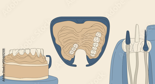 Dental Clinic Illustration Depicting Teeth Models and Hygienic Dental Tools for Procedures