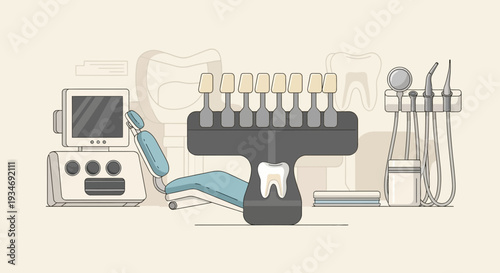 Dental Clinic Illustration Depicting Teeth Whitening Procedures And Modern Treatment Setup