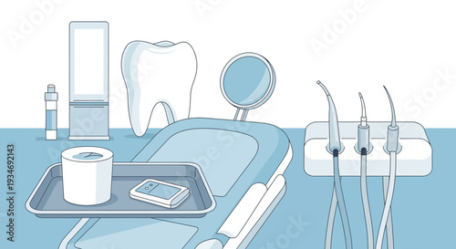 Dental Clinic Illustration Depicting Tools and Equipment For Healthy Teeth Treatment