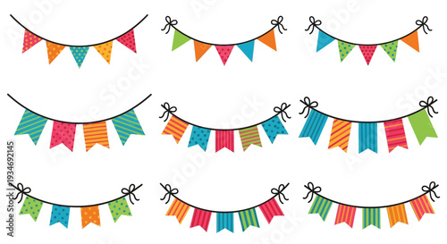 Colorful pennant banners hang in rows for parties.