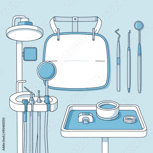 Dental Clinic Illustration Depicting Tools and Equipment, Blue Hues, Modern Design Concept