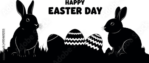 Easter day celebration with happy rabbits and decorated eggs