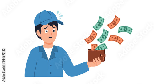 A distressed man in a blue cap holds an open brown wallet as green and orange banknotes fly away from it.