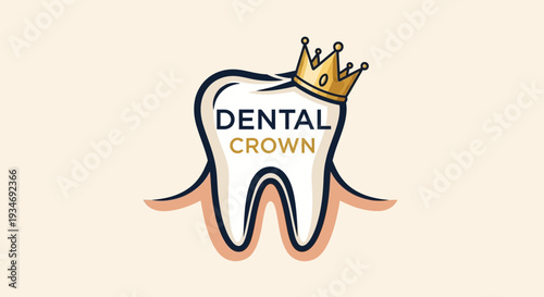 Dental Crown Logo Depicting A Tooth Wearing A Gold Crown On A Cream Background