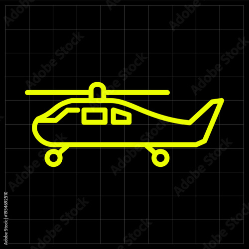Heavy Military Transport Helicopter Icon for Tactical Air Support and Defense. Sleek neon yellow outline of a cargo military helicopter for aviation and defense industries