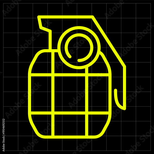 Explosive Hand Grenade Icon for Tactical Combat and Military Weaponry Equipment. Minimalist neon yellow line art of a frag grenade for tactical gaming or military apps